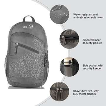 Outlander Packable Handy Lightweight Travel Hiking Backpack Daypack-Grey-L