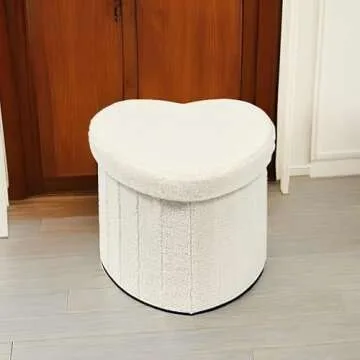 B FSOBEIIALEO Storage Ottoman Cube, Heart Shaped Ottomans with Storage Foot Stool Footrest for Lving Room, Boucle Ottoman Seat for Dorm Room,Faux Teddy Fur, Cream White 15"x15"x15"