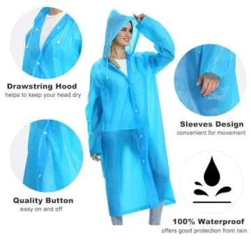 Opret 2 Pack Portable EVA Raincoats for Adults, Reusable Rain Ponchos with Hoods and Sleeves Lightweight Raincoats, Perfect for Outdoor Activities, Blue
