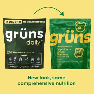 Gruns Adult Super Greens Gummies - Superfood Gummy Bears with Spirulina, Chlorella & Prebiotics for Digestive Health - Adaptogens Supplement with 20 Vitamins & Minerals, Low Sugar- 2-Week Supply