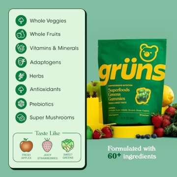 Gruns Adult Super Greens Gummies - Superfood Gummy Bears with Spirulina, Chlorella & Prebiotics for Digestive Health - Adaptogens Supplement with 20 Vitamins & Minerals, Low Sugar- 2-Week Supply