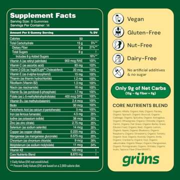 Gruns Adult Super Greens Gummies - Superfood Gummy Bears with Spirulina, Chlorella & Prebiotics for Digestive Health - Adaptogens Supplement with 20 Vitamins & Minerals, Low Sugar- 2-Week Supply