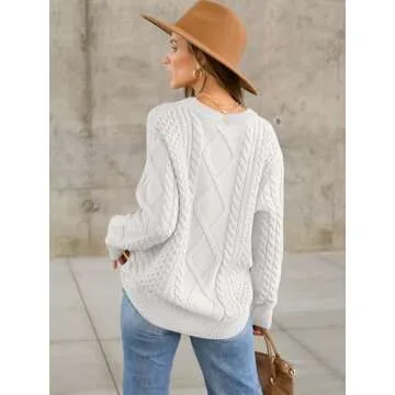 ANRABESS Sweaters for Women Oversized Crewneck Long Sleeve Casual Loose Cable Knit Pullover Tops 2024 Fall Vintage Clothes Cream White Medium