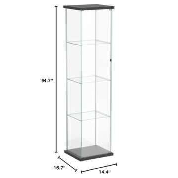 JT Glass Display Cabinet 4 Shelves with Door, Easy to Install, Solid Tempered Glass, Floor Standing Curio Bookshelf for Living Room Bedroom Office (Black)