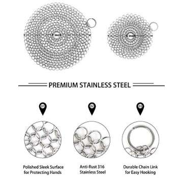 ONEEKK Cast Iron Skillet Cleaner Chainmail,2 Pack Premium Stainless Steel Chain Maille Scrubber for Cast Iron Pans,Stainless Steel,Glassware(7IN &5IN Round)