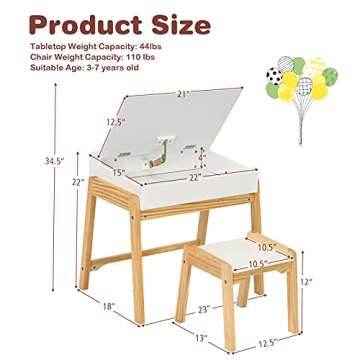 Costzon Kids Table and Chair Set, Wooden Lift-top Desk & Chair w/Storage Space, Safety Hinge, Gift for Toddler Drawing, Reading, Writing, Homeschooling, Children Activity Table & Chair (White)