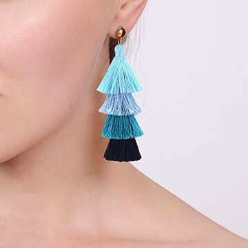 BaubleStar Fashion Gold Tassel Dangle Earrings Layered Long Bonita Tiered Blue Ombre Thread Tassel D...