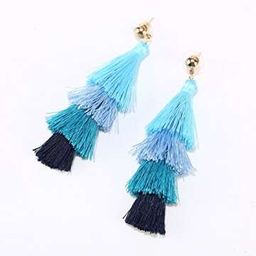BaubleStar Fashion Gold Tassel Dangle Earrings Layered Long Bonita Tiered Blue Ombre Thread Tassel Drop Statement Jewelry for Women