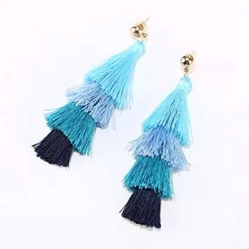 BaubleStar Fashion Gold Tassel Dangle Earrings Layered Long Bonita Tiered Blue Ombre Thread Tassel Drop Statement Jewelry for Women