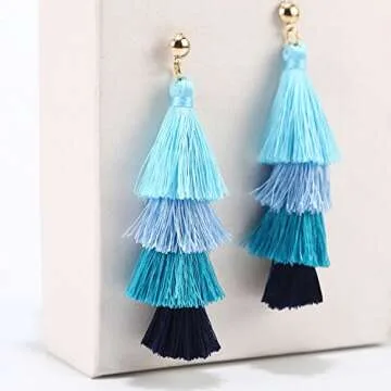 BaubleStar Fashion Gold Tassel Dangle Earrings Layered Long Bonita Tiered Blue Ombre Thread Tassel Drop Statement Jewelry for Women
