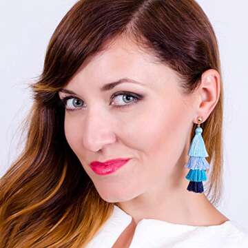 BaubleStar Fashion Gold Tassel Dangle Earrings Layered Long Bonita Tiered Blue Ombre Thread Tassel Drop Statement Jewelry for Women