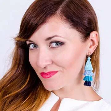 BaubleStar Fashion Gold Tassel Dangle Earrings Layered Long Bonita Tiered Blue Ombre Thread Tassel Drop Statement Jewelry for Women