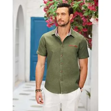 COOFANDY Mens Short Sleeve Denim Work Shirt Casual Fashion Dress Shirts, Army Green, Medium