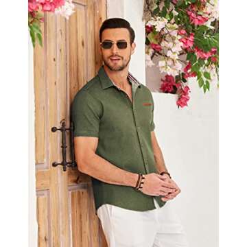 COOFANDY Mens Short Sleeve Denim Work Shirt Casual Fashion Dress Shirts, Army Green, Medium