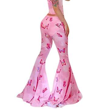 Women’s High Waist Rave Mesh Sheer Pants Flared Bell Bottom Pants for Rave Festival Dance Clubwear