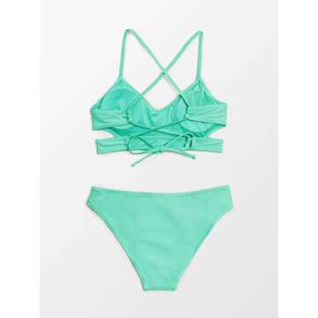 CUPSHE Women's Bikini Set Swimsuit Spaghetti Strap Scoop Neck Crisscross Tie Back, XL Aqua