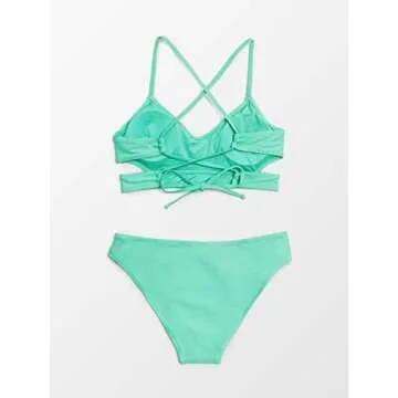 CUPSHE Women's Bikini Set Swimsuit Spaghetti Strap Scoop Neck Crisscross Tie Back, XL Aqua