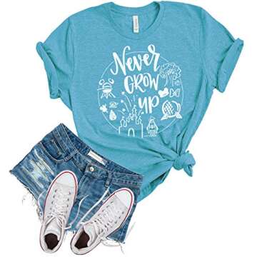 Never Grow Up Shirt | Unisex Sizing | Cute Matching Vacation T-Shirt for Disney (Small, Heather Aqua)