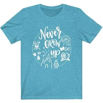 Never Grow Up Shirt | Unisex Sizing | Cute Matching Vacation T-Shirt for Disney (Small, Heather Aqua)