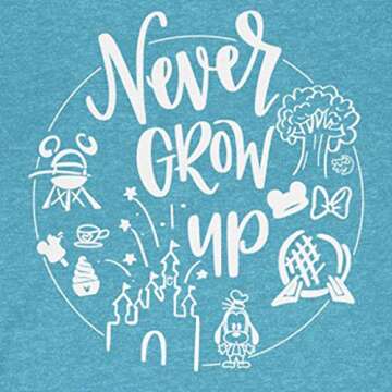 Never Grow Up Shirt | Unisex Sizing | Cute Matching Vacation T-Shirt for Disney (Small, Heather Aqua)