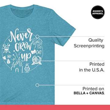 Never Grow Up Shirt | Unisex Sizing | Cute Matching Vacation T-Shirt for Disney (Small, Heather Aqua)
