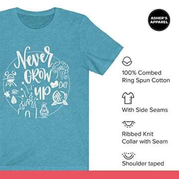 Never Grow Up Shirt | Unisex Sizing | Cute Matching Vacation T-Shirt for Disney (Small, Heather Aqua)