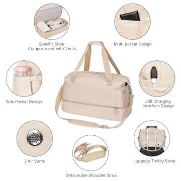 ETRONIK Gym Bag for Women, Travel Duffel Bag with USB Charging Port, Weekender Overnight Bag with Wet Pocket and Shoes Compartment for Women, Travel, Gym, Yoga (Khaki)