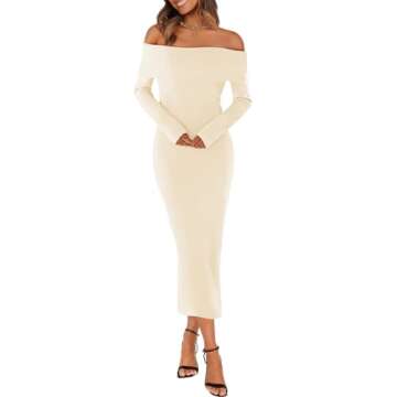 MEROKEETY Women's Winter Off Shoulder Bodycon Sweater Dress Formal Long Sleeve Elegant Cocktail Part...