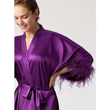 PRODESIGN Satin Kimono Robe Long Silky Bath Robe with Ostrich Feather Trim Sleepwear Wedding Bridesmaid Robe
