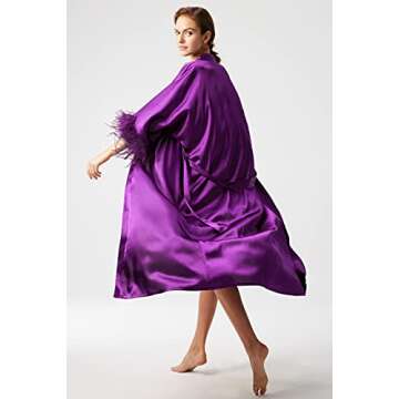 PRODESIGN Satin Kimono Robe Long Silky Bath Robe with Ostrich Feather Trim Sleepwear Wedding Bridesmaid Robe