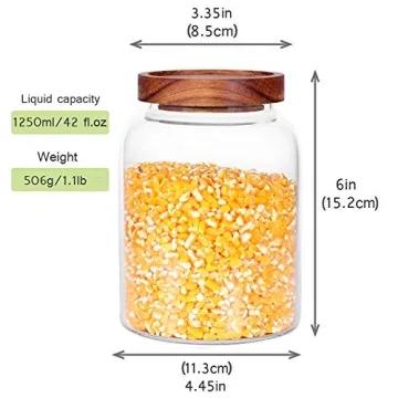 Glass Storage Jars with Airtight Lids, Set of 2 42 FL OZ (1250ml) coffee container with Wooden Lid, Glass Pantry Canister for Beans, Rice, Sugar and etc (6.3 inch high)