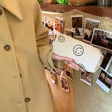 Smile Pencil Pen Case Office Large Storage High Capacity Bag Pouch Holder Box Organizer Makeup Pouch Bag Cosmetic Bag (Beige)