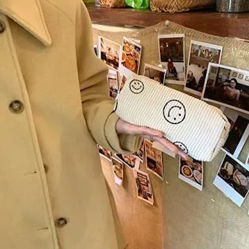 Smile Pencil Pen Case Office Large Storage High Capacity Bag Pouch Holder Box Organizer Makeup Pouch Bag Cosmetic Bag (Beige)