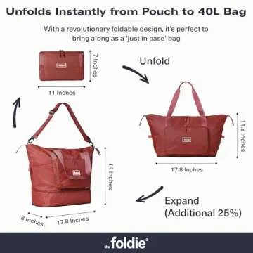 The Foldie® Foldable Travel Bag for Women [LARGE CAPACITY] - Packable & Expandable Tote Bag with Zi...