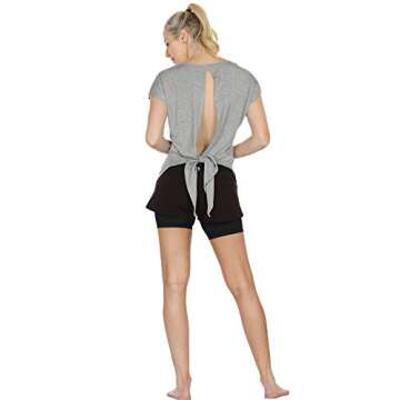 icyzone Open Back Workout Tops for Women - Athletic Activewear T-Shirts Exercise Yoga Shirts(Pack of 2) (M, Black/Grey)