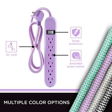 Cordinate 6-Outlet Surge Protector, Power Strip, Flat Plug, Braided Cord, Decorative, 3 ft Power Cord, Wall Mount, Tangle-Free, Warranty, Lavender, 41639