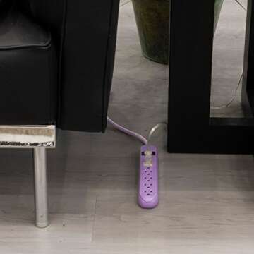 Cordinate 6-Outlet Surge Protector, Power Strip, Flat Plug, Braided Cord, Decorative, 3 ft Power Cord, Wall Mount, Tangle-Free, Warranty, Lavender, 41639