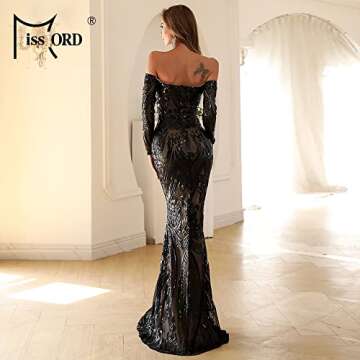Miss ord Sexy Long Sleeve Retro Party Dress Sequin Formal Maxi Dress, Elegant Mermaid Evening Prom Gown Black