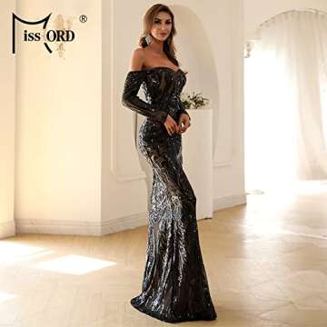 Miss ord Sexy Long Sleeve Retro Party Dress Sequin Formal Maxi Dress, Elegant Mermaid Evening Prom Gown Black