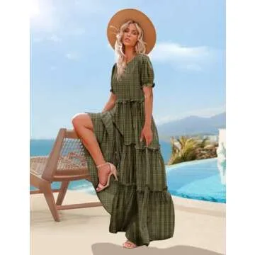 YESNO Summer Casual Bohemian Floral Dresses for Women Puff Short Sleeve Long Maxi Dress with Pockets...