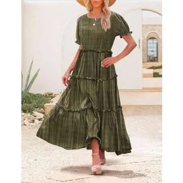 YESNO Bohemian Floral Maxi Dress with Puffy Sleeves