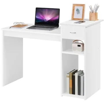 Topeakmart Small White Computer Desk with Drawers for Home Office