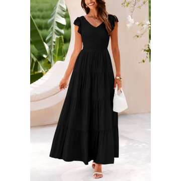 PRETTYGARDEN Women's Summer Flowy Maxi Dress Casual Cap Sleeve V Neck Smocked Beach Sundress (Solid Black,Large)
