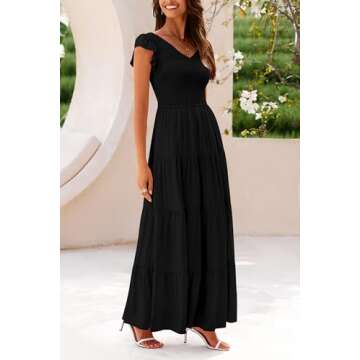 PRETTYGARDEN Women's Summer Flowy Maxi Dress Casual Cap Sleeve V Neck Smocked Beach Sundress (Solid Black,Large)