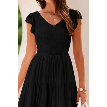 PRETTYGARDEN Women's Summer Flowy Maxi Dress Casual Cap Sleeve V Neck Smocked Beach Sundress (Solid Black,Large)