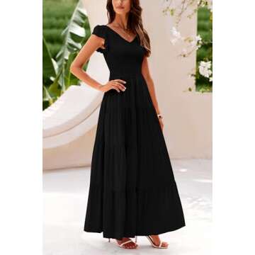 PRETTYGARDEN Women's Summer Flowy Maxi Dress Casual Cap Sleeve V Neck Smocked Beach Sundress (Solid Black,Large)