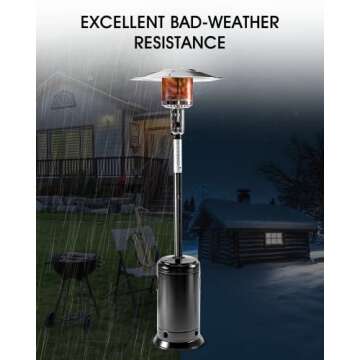 LEGACY HEATING 88inch standing heaters outdoor with wheels, stainless steel burne, Gas Propane Patio Heater for outdoor garden use, Hammered Black, 47000BTU, Powder Coated Finish