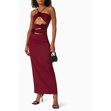 Argeousgor Women 3D Flowers Halter Dress Floral Fringed Long Dress Y2k Sleeveless Open Back Tassels Dress Sheer Tulle Dresses, G-red