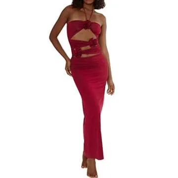 Argeousgor Women 3D Flowers Halter Dress Floral Fringed Long Dress Y2k Sleeveless Open Back Tassels Dress Sheer Tulle Dresses, G-red