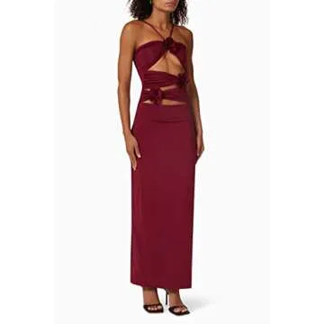 Argeousgor Women 3D Flowers Halter Dress Floral Fringed Long Dress Y2k Sleeveless Open Back Tassels Dress Sheer Tulle Dresses, G-red